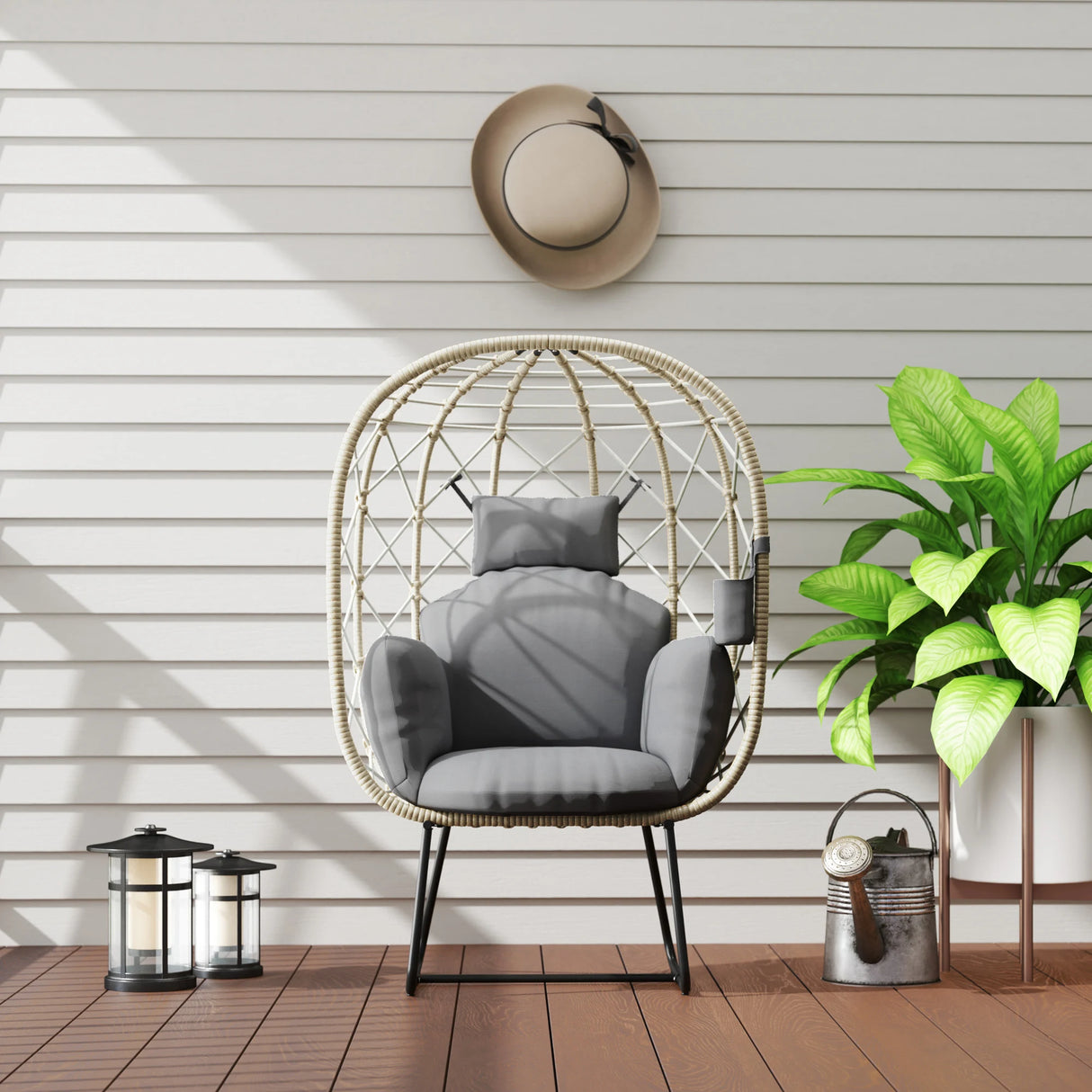 Outsunny Rattan Egg Chair Outdoor Indoor Wicker Chair with Thickened Cushion and Headrest, Standing Garden Egg Chair with Cup Holder, Metal Frame for Patio, Balcony, Grey