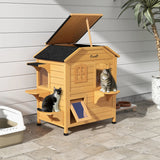 PawHut 2-story Cat House Outdoor, Weatherproof Wooden Cat Enclosure for Feral Cats with Escape Door, Openable Roof, Jumping Platforms, Natural Wood Finish