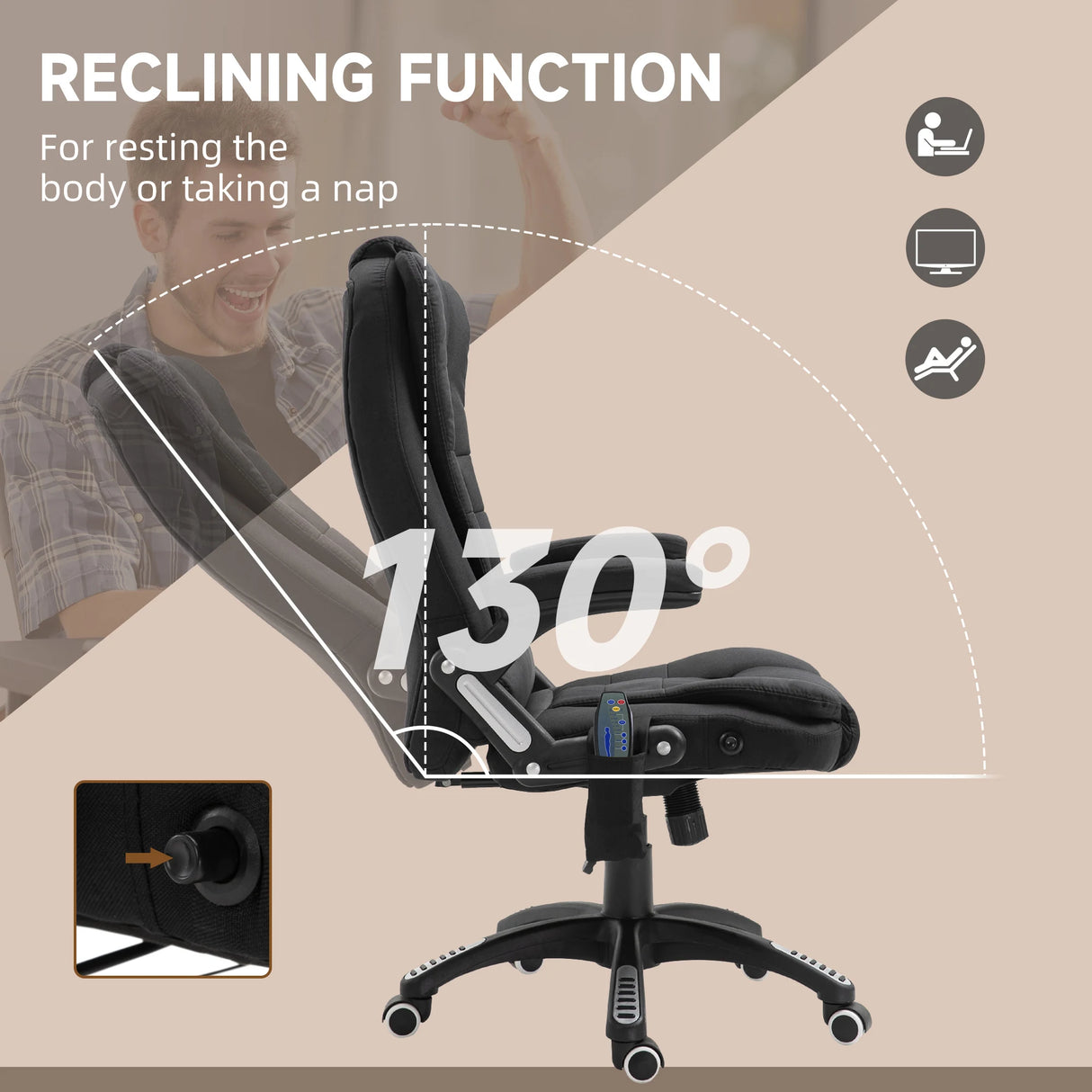 Vinsetto Massage Recliner Chair Heated Office Chair with Six Massage Points Linen-Feel Fabric 360 Swivel Wheels Black