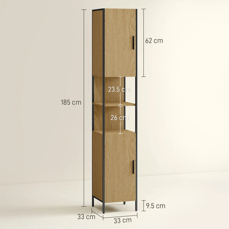 HOMCOM Tall Bathroom Cabinet with 2 Doors, Open Compartments and Adjustable Shelves - Natural Wood Finish