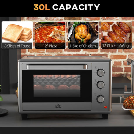 HOMCOM 30L 60-230 Mini Electric Oven, with Accessories - Silver Tone
