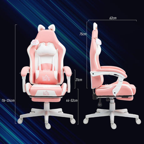 HOMCOM Cat Ear and Paw Reclining Office Chair, with Footrest - Pink/White