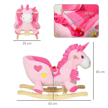 HOMCOM Kids Rocking Horse Ride on Unicorn with Songs, Wooden Base, Seatbelt, for Ages 18-36 Months, Pink