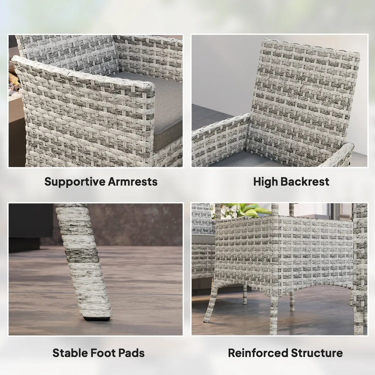 Outsunny Rattan Garden Furniture Set, Outdoor Dining Table and Chairs 4 Seater with Cushions, Square Tempered Glass Top, 4 Armchairs, for Balcony, Terrace, Conservatory, Mixed-Grey