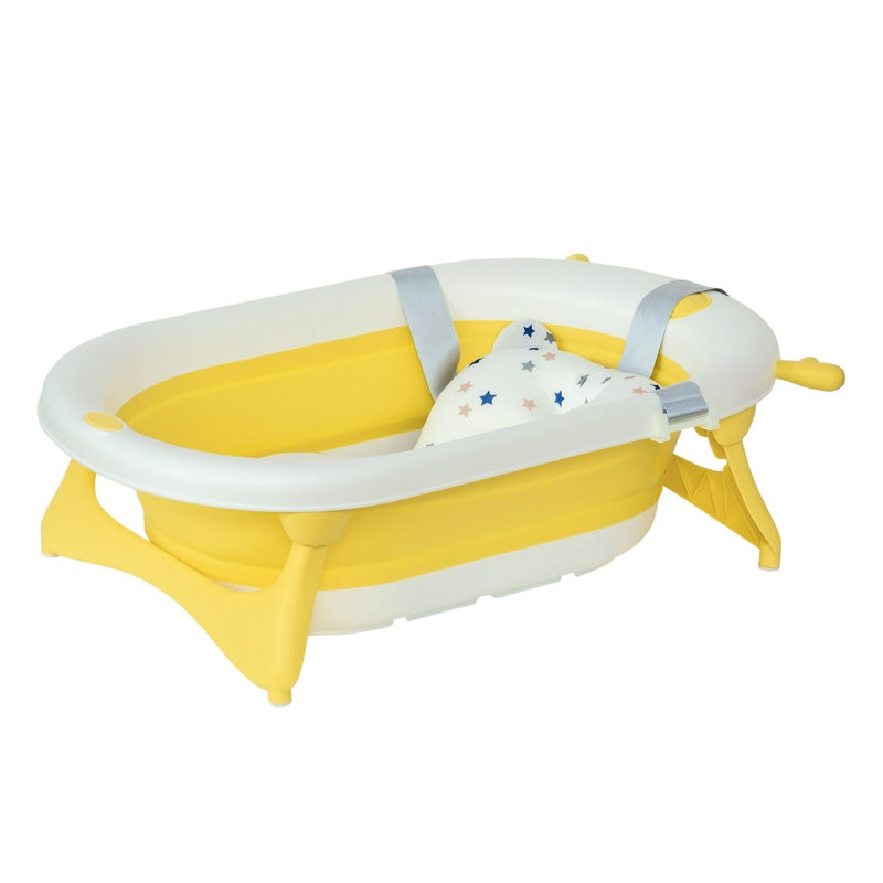 HOMCOM Foldable Baby Bathtub Set, Collapsible Bath Tub with Thermostatic Water Plug, Non-Slip Support, Cushion Pad, Drain Plugs, for Newborn to 3 Years - Yellow