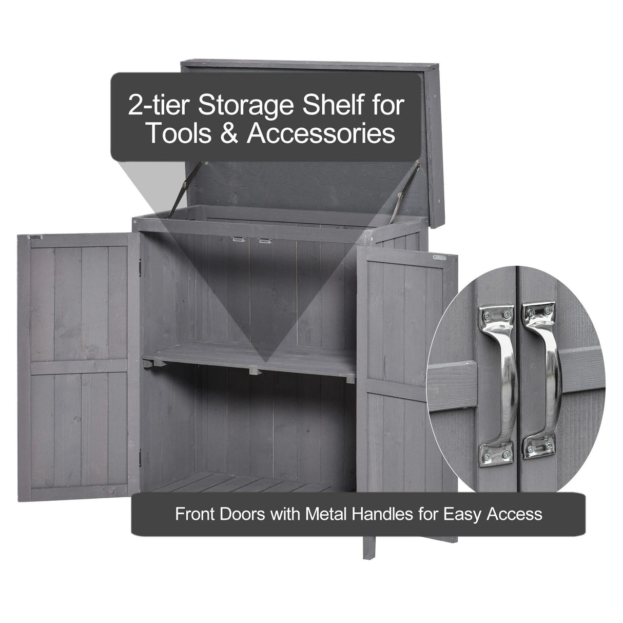 Outsunny Small Shed, Wooden Garden Shed with Openable Hinged Roof and Removable Shelf, Outdoor Tool Storage Cabinet Chest with Double Doors, 74 x 43 x 88 cm, Grey