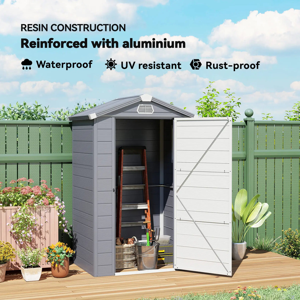 Outsunny 4.4ft x 3.3ft size Aluminium Frame and Plastic Wall Shed, with Foundation - Grey