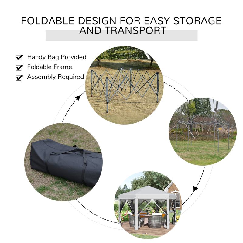 Outsunny 3.2m Pop Up Gazebo Hexagonal Canopy Tent Outdoor Sun Protection with Mesh Sidewalls, Handy Bag, Light Grey