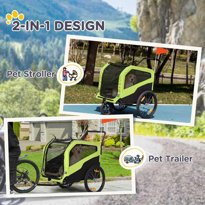 PawHut Dog Bike Trailer, 2 in 1 Dog Stroller for Large Dogs with Hitch, Quick-release 20" Wheels, Pet Bicycle Cart Trolley Carrier for Travel, Green