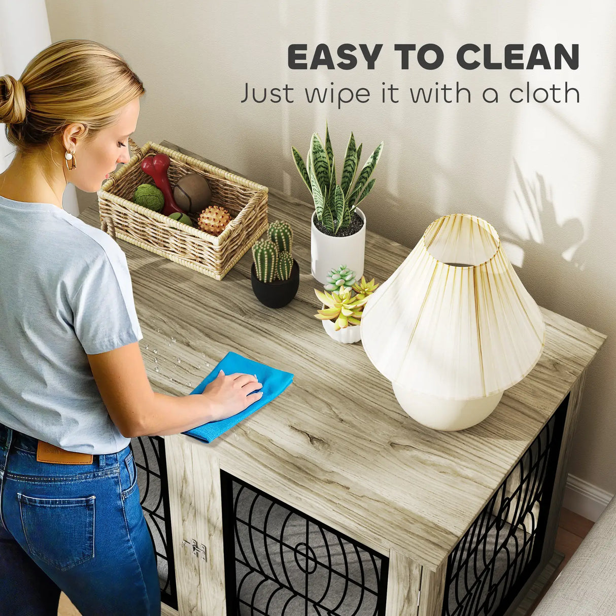 PawHut Dog Crate Furniture Table with Soft Washable Cushion and Lockable Door, for Large Indoor Dogs, Grey