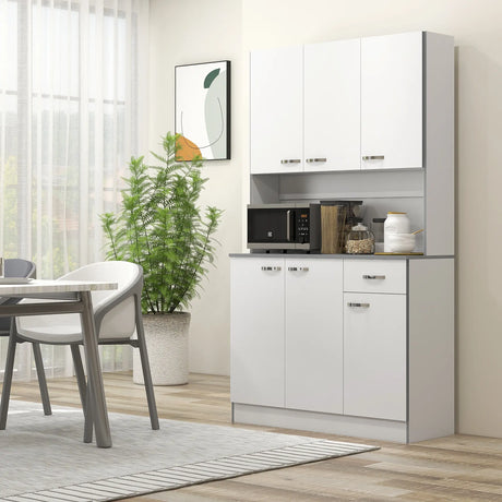 HOMCOM Kitchen Cupboard, Freestanding Kitchen Storage Cabinet with 6 Doors, Drawer, Adjustable Shelves and Open Countertop for Dining Room, White