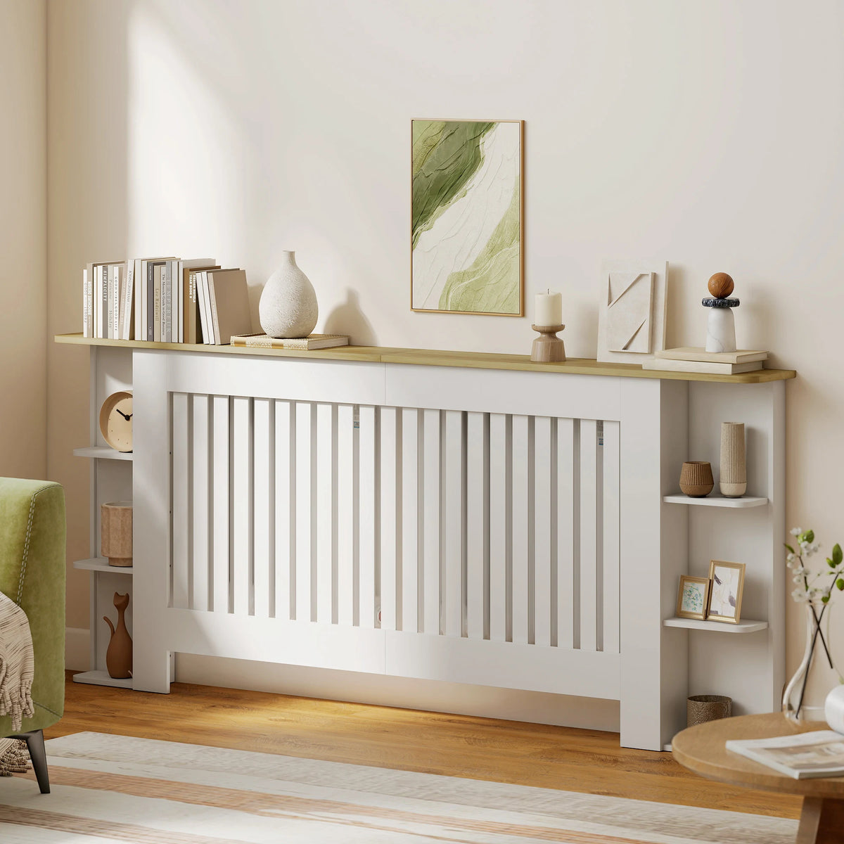 HOMCOM Radiator Cover with Open Storage Shelves, Vertical Slatted Cabinet Shelf Heater Cover for Living Room, Hallway, Extra Large, White (H: 83 / W: 191 / D: 19 cm)