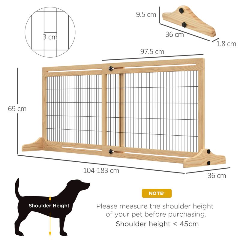 PawHut Freestanding Dog Gate, Foldable Pet Fence, Indoor Wood Barrier, Stair Gate with Support Feet, for Doorway, Hallway, Small and Medium Dogs, 69H x 104-183 cm, Natural Wood Effect