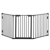 PawHut Pet Safety Gate, 3 Panels Playpen Fireplace, Metal Fence, Stair Barrier, Room Divider w/ Walk-Through Door - Black