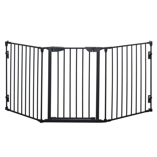 PawHut Pet Safety Gate, 3 Panels Playpen Fireplace, Metal Fence, Stair Barrier, Room Divider w/ Walk-Through Door - Black