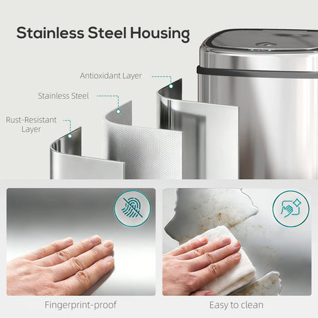 HOMCOM 50L Stainless Steel Sensor Bin - Silver Tone