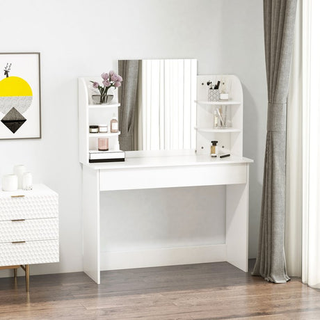 HOMCOM Modern Dressing Table Writing Desk W/ Mirror, Big Drawers, 2-Tier Open Shelf For Home Bedroom White