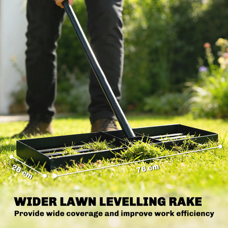 Outsunny Lawn Levelling Rake, 76 x 26 cm Lawn Leveller Lute with 169 cm Handle for Grass Soil Sand Yard Golf Course