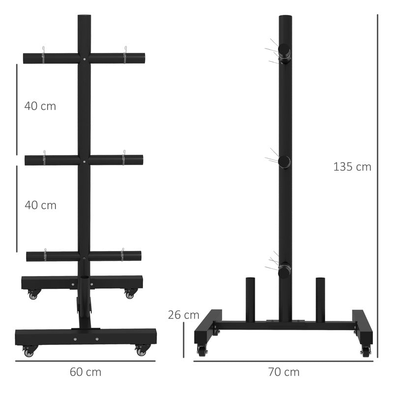 SPORTNOW Weight Rack for Olympic Weight Plate, 3 Tier Weight Tree for 2 inch Plates and Bars, Weight Organizer Stand with 4 Transport Wheels and Clamps for Home Gym, Max Load 200kg, Black