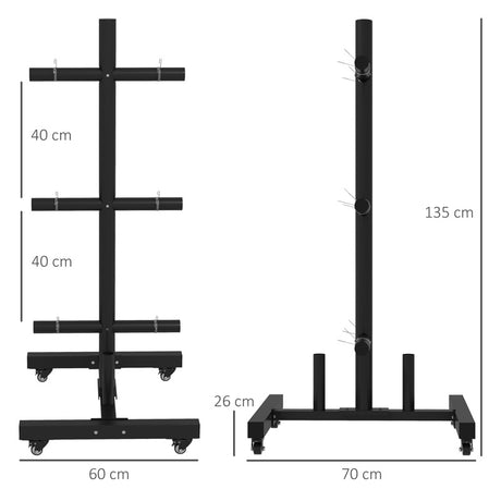 SPORTNOW Weight Rack for Olympic Weight Plate, 3 Tier Weight Tree for 2 inch Plates and Bars, Weight Organizer Stand with 4 Transport Wheels and Clamps for Home Gym, Max Load 200kg, Black