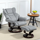 HOMCOM 360 Swivel Recliner Chair with Footstool, PU Leather Manual Recliner Armchair with Footstool, Solid Wood Base, Upholstered Reclining Chair for Living Room, Bedroom, Office, Light Grey