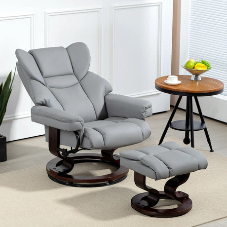 HOMCOM 360 Swivel Recliner Chair with Footstool, PU Leather Manual Recliner Armchair with Footstool, Solid Wood Base, Upholstered Reclining Chair for Living Room, Bedroom, Office, Light Grey