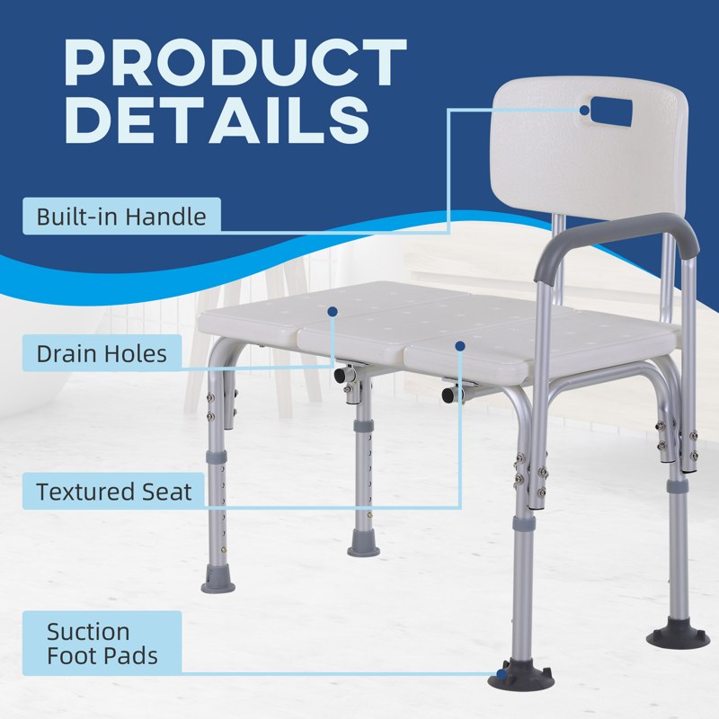 HOMCOM Height Adjustable Shower Chair, Non Slip Bath Transfer Bench for Elderly, Disabled with Armrest and Backrest, 300 lbs Capacity, White