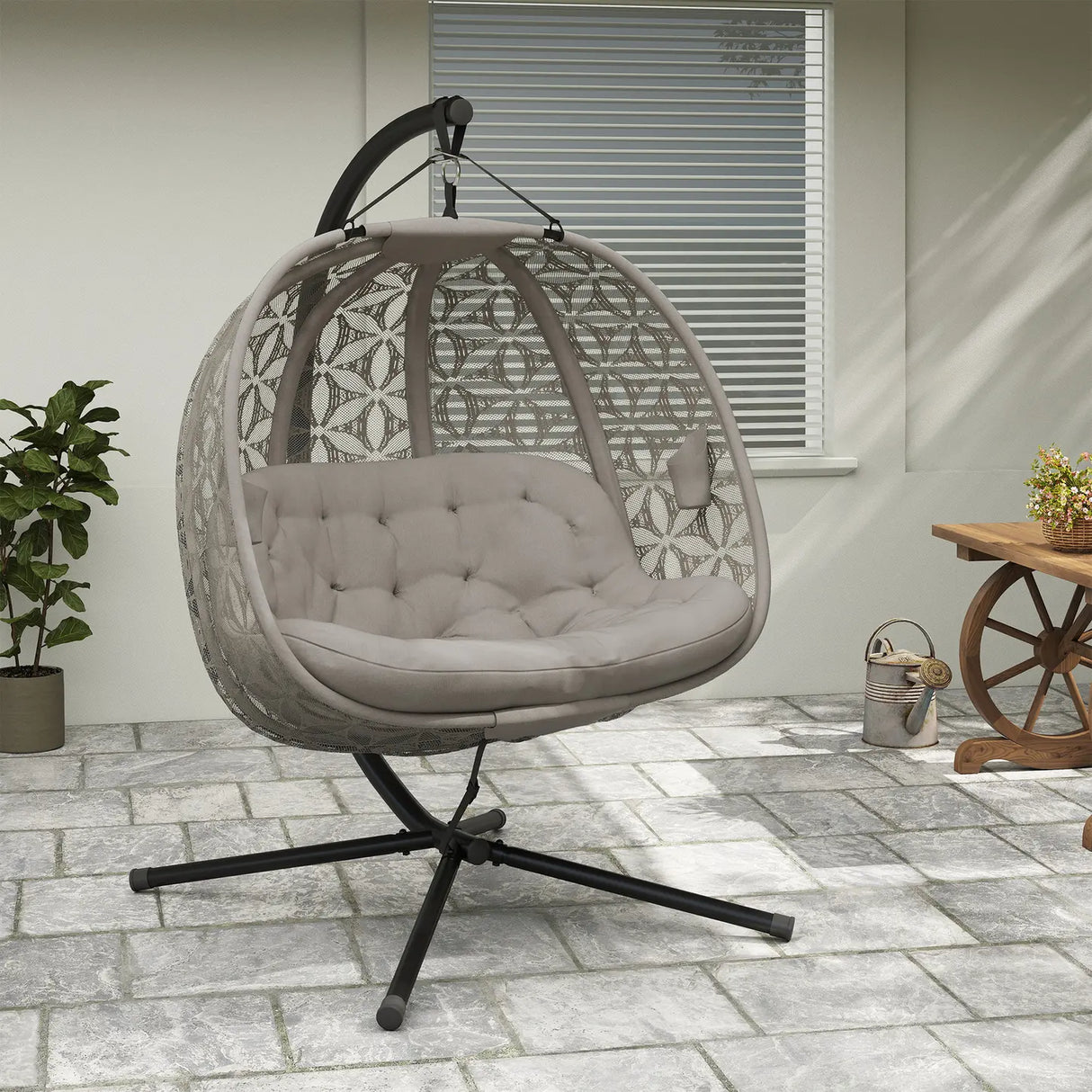 Outsunny Outdoor Double Hanging Chair with Cushion and Cup Holders, Sand Brown