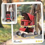 PawHut Pet Stroller for Small Miniature Dogs Cats Foldable Travel Carriage with Wheels Zipper Entry Cup Holder Storage Basket Red