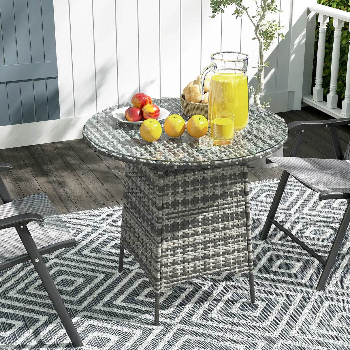 Outsunny Wicker Garden Rattan Table, Patio Furniture Outdoor Coffee Table with Umbrella Hole and Tempered Glass Top, Grey