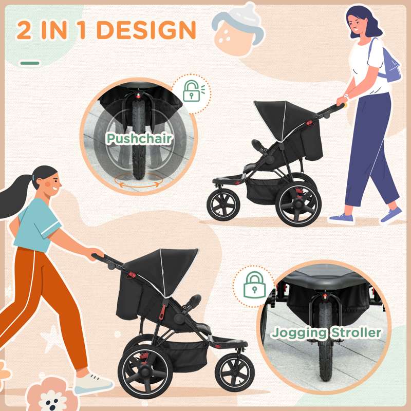 HOMCOM Foldable Three-Wheeler Baby Stroller w/ Canopy, Storage Basket - Black