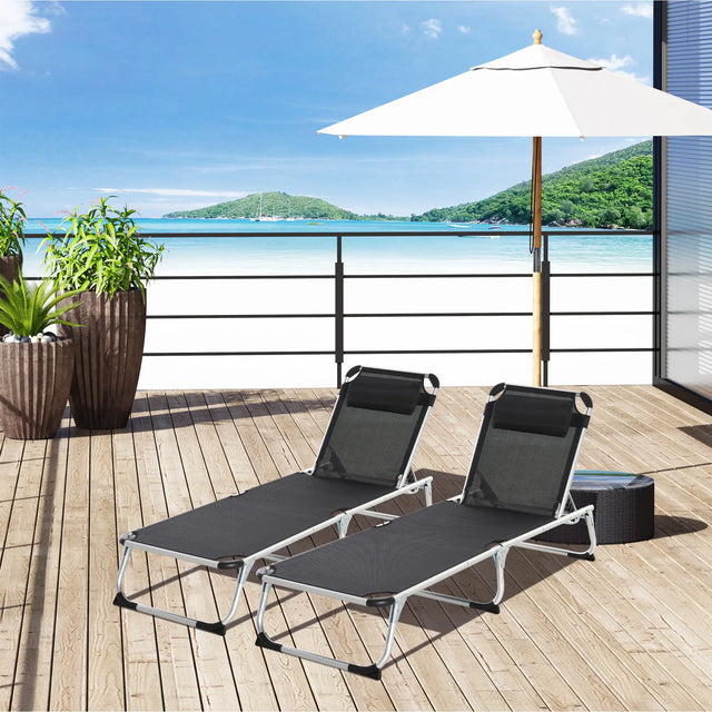 Outsunny Foldable Outdoor Sun Loungers Set of 2, Reclining Lounge Chair Camping Bed Cot with Pillow 4-Level Adjustable Back Aluminium Frame, Black