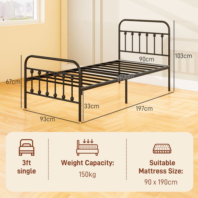 HOMCOM Single Minimalistic Metal Bed Frame - Black