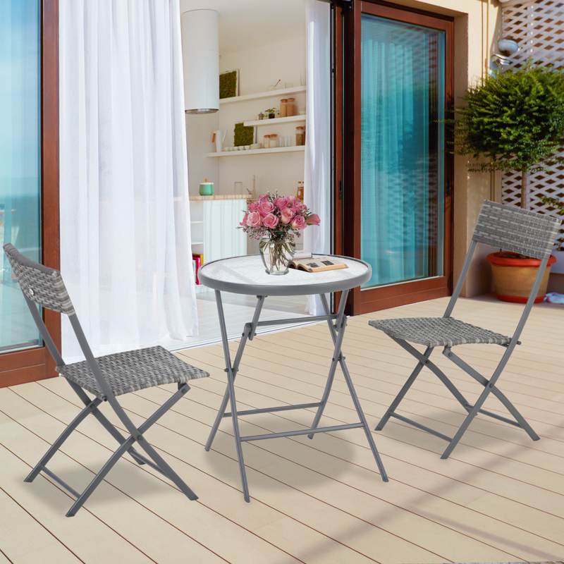 Outsunny 3 Pieces Rattan Bistro Set, Wicker Folding Garden Furniture Set with Glass Top Coffee Table and Chairs for Outdoor, Patio, Balcony, Grey