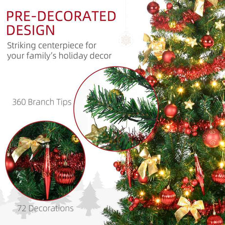 HOMCOM 5' Artificial Prelit Christmas Trees Holiday Décor with Warm White LED Lights, Auto Open, Tinsel, Ball, Star