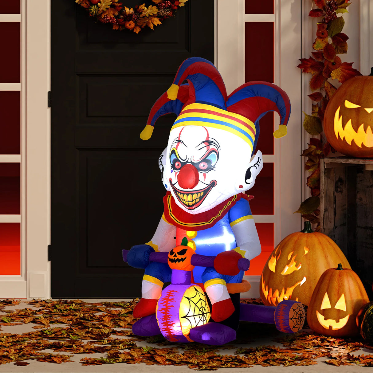 Outsunny 4ft Halloween Inflatable Clown on Bicycle, Blow Up Outdoor Halloween Decoration with 3 Built-in LED Lights for Garden, Party Indoor Outdoor