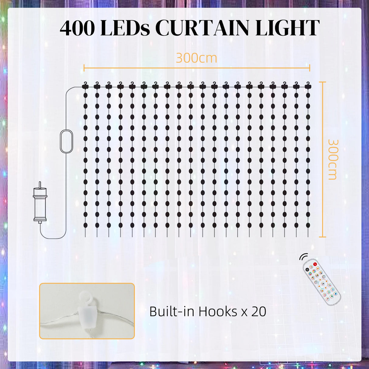 HOMCOM LED Curtain Lights, Smart Curtain Fairy Lights Plug In, Colour Changing Wall Lights with Remote, App, Dynamic DIY Hanging Window String Lights for Bedroom Living Room, 3x3(m), 400 RGBIC LED