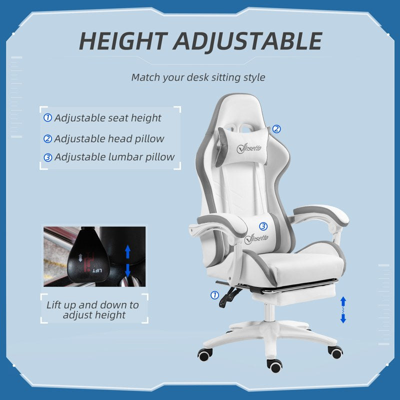 Vinsetto Computer Gaming Chair, PU Leather Desk Chair with Footrest, Swivel Task Chair with 135° Reclining Back and Lumbar Support, PC Chair for Adults, White and Grey