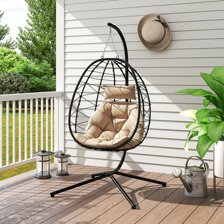 Outsunny Hanging Egg Chair Outdoor Indoor Garden Swing Chair with Folding Basket, Thickened Cushion, Garden Hanging Chair with Stand, Headrest for Patio, Balcony, Khaki