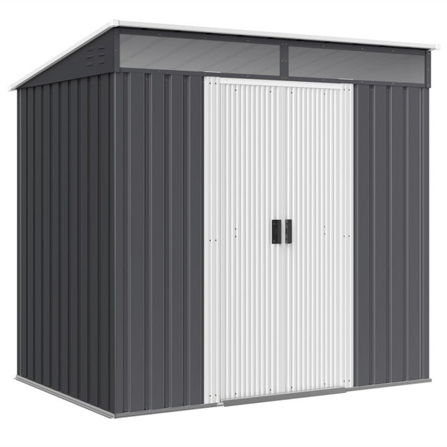 Outsunny 6.5 x 4FT Galvanised Metal Shed with Foundation Kit, Lockable Tool Garden Shed with Double Sliding Doors, Vents, Grey