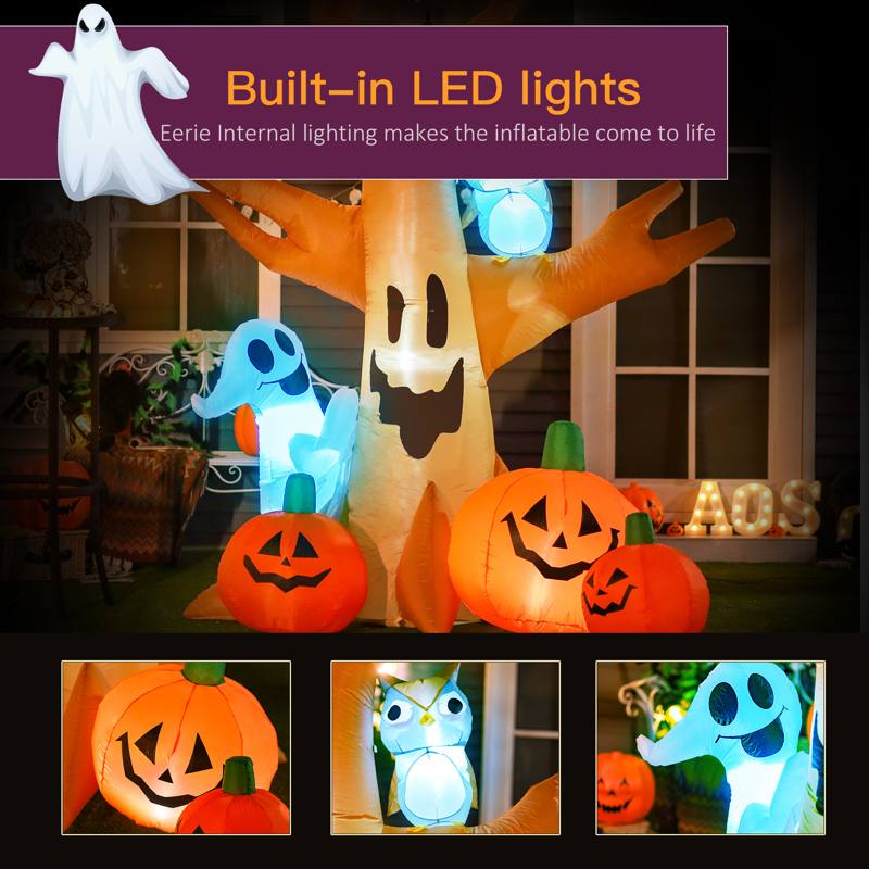 HOMCOM 240cm Large Halloween Scary Lighting Inflatable Tree Ghost 3 Pumpkins Owl 4 LED Indoor Outdoor Holiday Decoration