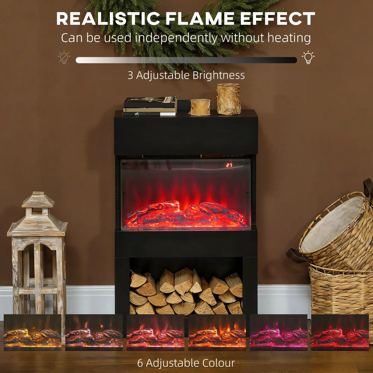 HOMCOM Electric Fireplace with 3D Flame Effect, 6 Colours & 3 Brightness Levels, 1000W/2000W Black Electric Fire and Mantel Reach up to 30m2 Space with Remote & Timer, 3 Sided View for Living Room