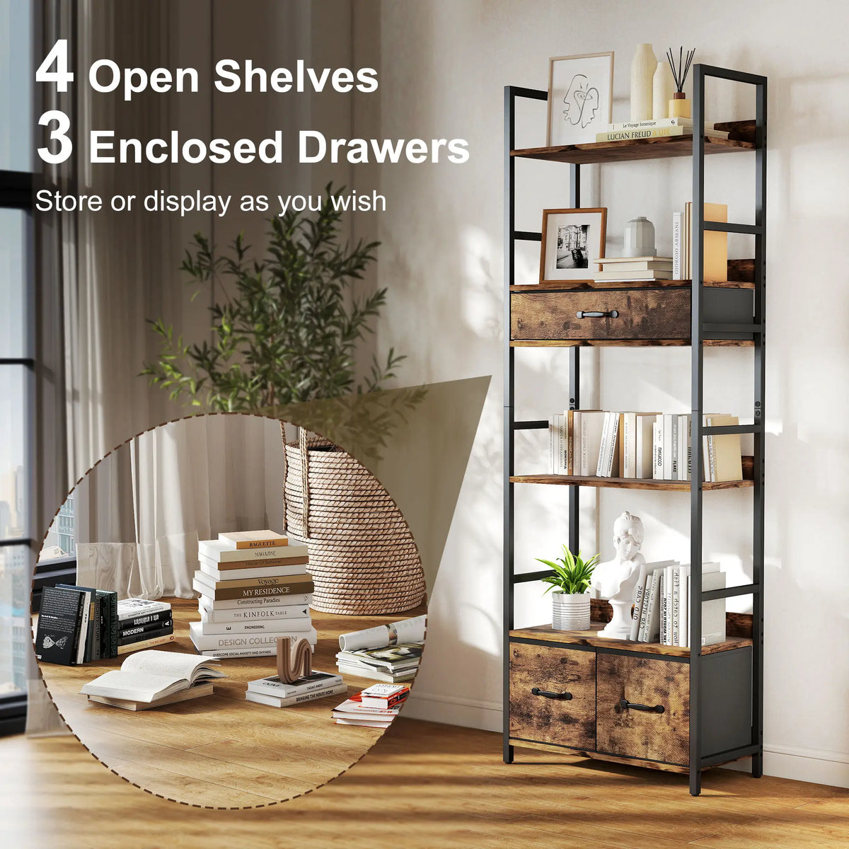 HOMCOM Industrial Style Bookcase, with 4 Shelves and 3 Fabric Drawers - Brown/Black