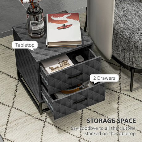 HOMCOM Bedside Tables Set of 2, Modern Bedside Table Nightstand with 2 Drawers, Bedside Cabinet Sofa Side Table with Storage, Steel Legs for Bedroom, Living Room, Grey