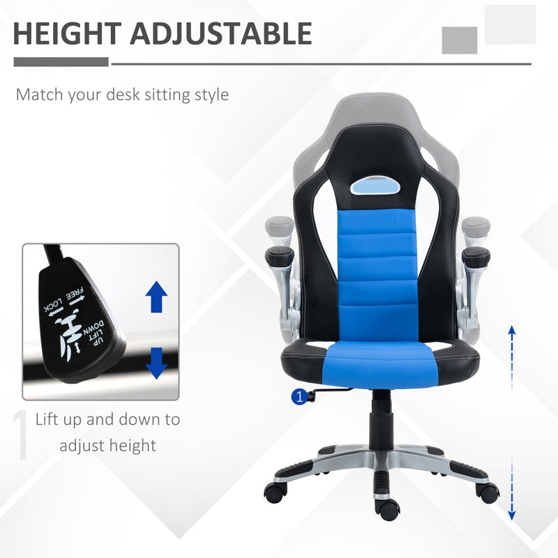 HOMCOM Computer Gaming Chair, Office Desk Swivel Chair, PU Leather Racing Chair with 90 Flip-up Armrest, Adjustable Height and Rolling Wheels, Blue