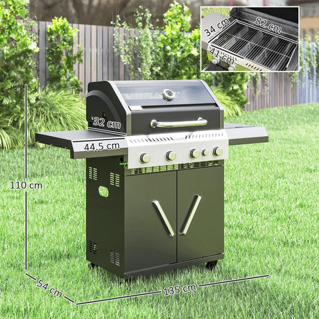 Outsunny 4+1 Burner Gas BBQ Grill with Clear View Lid, Portable Gas Barbecue Grill with Built-in Thermometer, Side Table, Cabinet, Wheels, Grease Tray for Garden Party Outdoor Cooking, Black