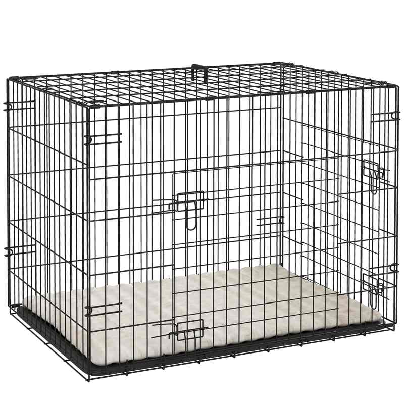 PawHut Dog Crate with 2 Doors with Tray, Soft Cushion, Foldable Metal Dog Cage for Small Dogs, 76 x 53 x 60, Black