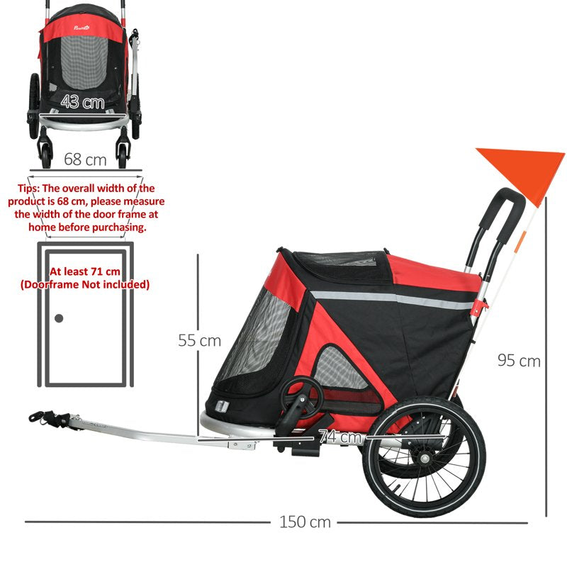 PawHut 2 in 1 Aluminium Foldable Dog Bike Trailer, Pet Stroller, for Medium Dogs - Red