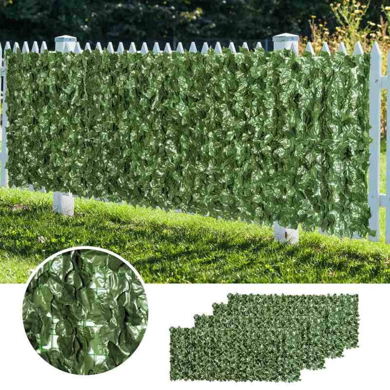 Outsunny 4-Piece Artificial Leaf Hedge Screen Privacy Fence Panel for Garden Outdoor Indoor Decor, Dark Green, 2.4M x 1M