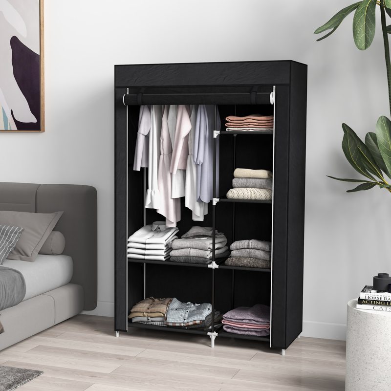 HOMCOM Fabric Wardrobe, Portable Wardrobe with 6 Shelves, 1 Hanging Rail, Foldable Closets, 103 x 43 x 162.5 cm, Black